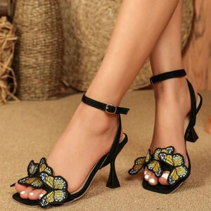 Colorful Butterfly Strap Sandals, Black Velvet, Sexy Open To Ankle Strap